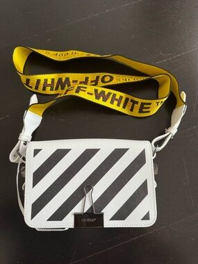 Off-White White and Black Diagonal Stripe Crossbody with Yellow Logo Strap